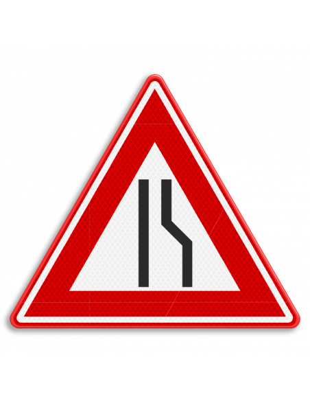 Verkeersbord J18 wegversmalling rechts, aluminium DOR, driehoek, rood wit