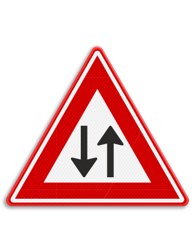 Verkeersbord J29 pas op tegenliggers, aluminium DOR, reflecterend, rood wit zwart, driehoek, symbool pijl naar boven en onder