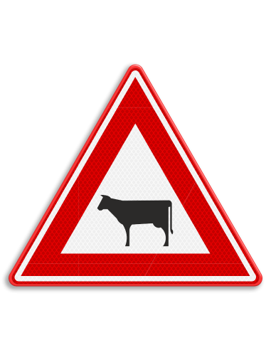 Verkeersbord J28 overstekend vee, aluminium DOR, reflecterend, rood wit zwart, driehoek, symbool vee koe