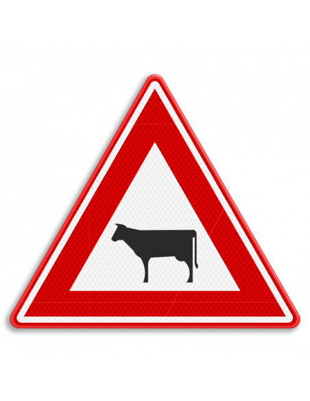 Verkeersbord J28 overstekend vee, aluminium DOR, reflecterend, rood wit zwart, driehoek, symbool vee koe