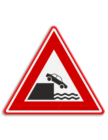 Verkeersbord J26 pas op kade, aluminium DOR, rood wit, driehoek, auto van kade