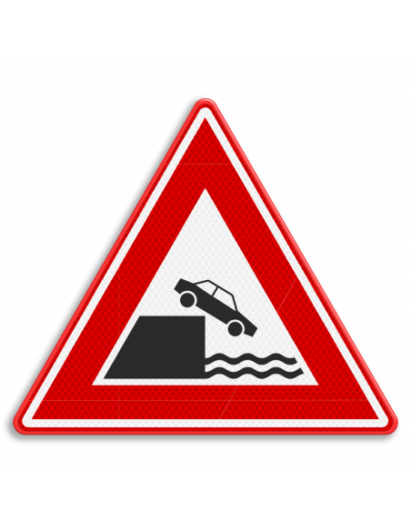 Verkeersbord J26 pas op kade, aluminium DOR, rood wit, driehoek, auto van kade