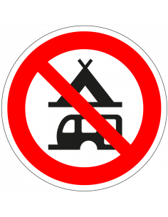 Verboden te kamperen sticker, rood wit, rond, symbool kamperen verboden