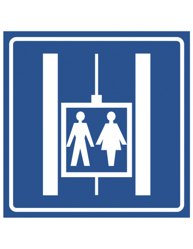 Gezamenlijke lift bord, kunststof, blauw wit, vierkant met man en vrouw in lift pictogram