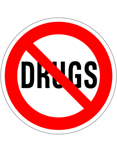 Drugs verboden sticker, rood wit, rond, tekst drugs met rode streep