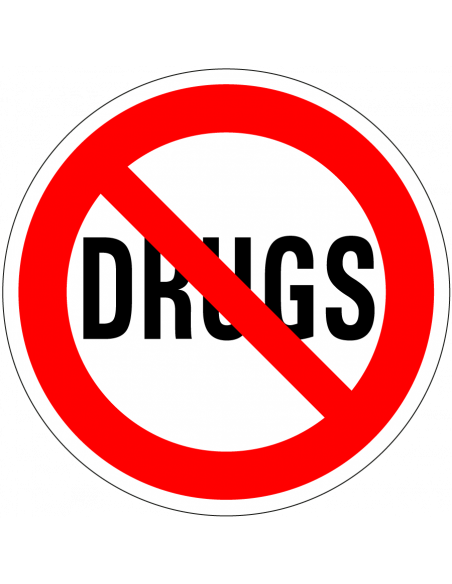 Drugs verboden sticker, rood wit, rond, tekst drugs met rode streep