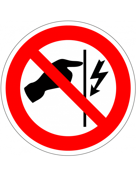 Niet aanraken stroom sticker, rood wit, rond, symbool hand raakt bliksem