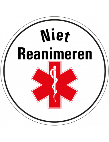 Niet reanimeren sticker, rood wit zwart, tekst niet reanimeren, rond