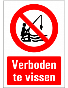Verboden te vissen tekststicker, rood zwart wit, Nederlandse tekst, rechthoek