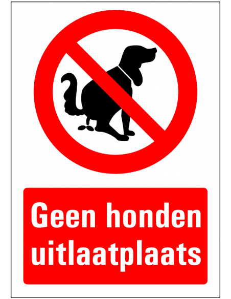 Geen hondenuitlaatplaats bord, kunststof, rood wit, rechthoekig, symbool poepende hond