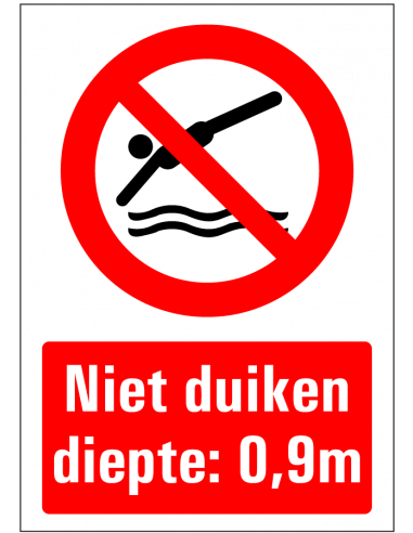 Niet duiken sticker diepte naar wens, rood wit, rechthoek, tekst niet duiken
