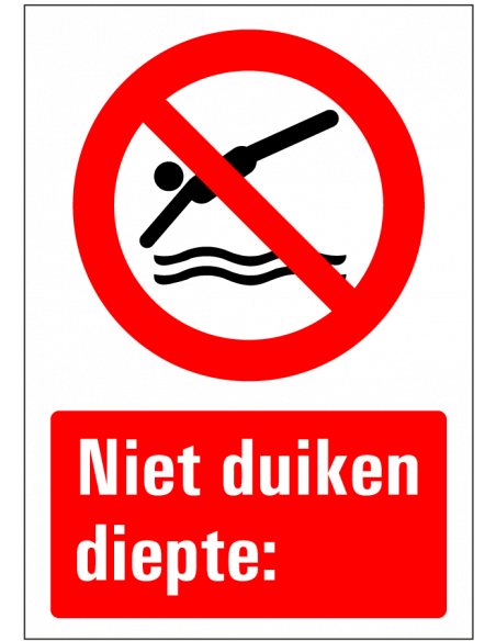 Niet duiken bord diepte naar wens, kunststof, rood wit, rechthoek, tekst niet duiken