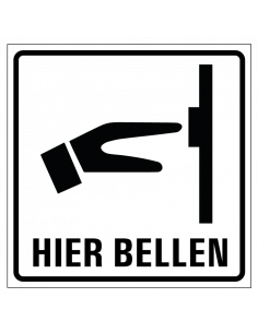 Hier bellen bord, kunststof, zwart wit, vierkant, symbool hand belt aan