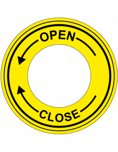 Open close sticker, geel zwart, met gat, rond, pijl pictogram