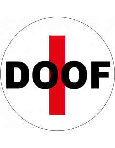 Doof sticker fiets, rood wit zwart, rond, tekst doof