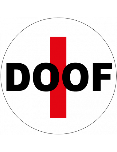 Doof sticker fiets, rood wit zwart, rond, tekst doof