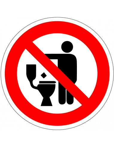 Afval niet in WC gooien sticker, rood wit, rond, symbool persoon gooit iets in wc