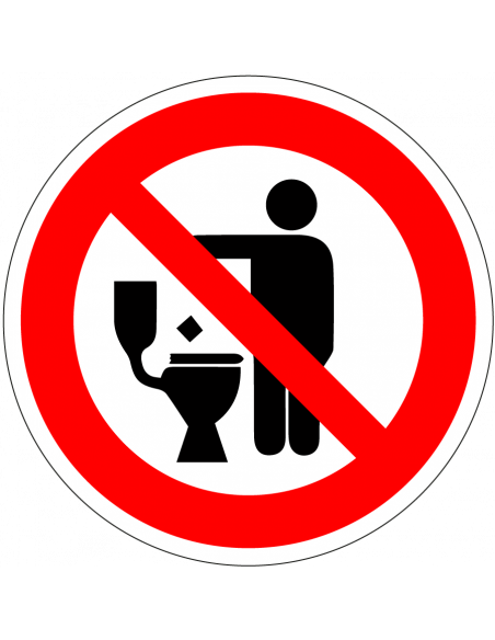 Afval niet in WC gooien sticker, rood wit, rond, symbool persoon gooit iets in wc