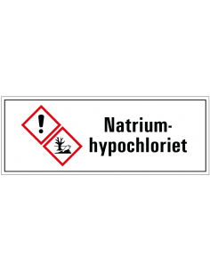 Natriumhypochloriet GHS tekststicker, GHS07, GHS09, Nederlandse tekst, rechthoek, rood wit zwart