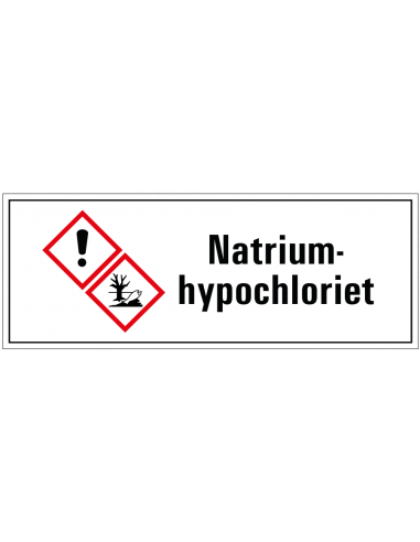 Natriumhypochloriet GHS tekststicker, GHS07, GHS09, Nederlandse tekst, rechthoek, rood wit zwart