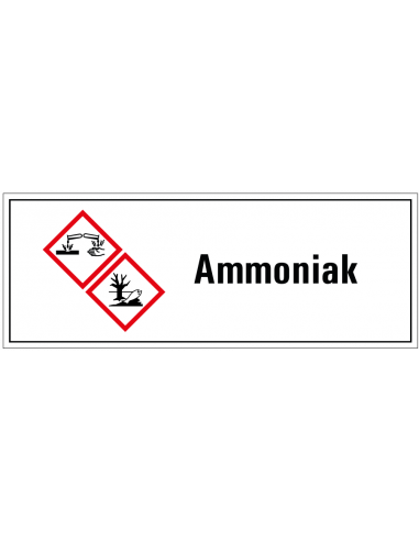 Ammoniak 2 GHS tekststicker, GHS05, GHS09, Nederlandse tekst, rechthoek, rood wit zwart