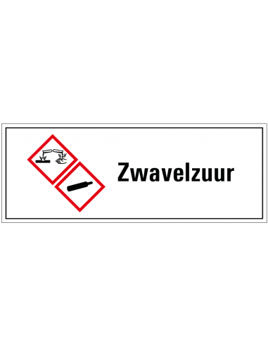 Zwavelzuur GHS tekststicker, GHS04, GHS05, Nederlandse tekst, rechthoek, rood wit zwart