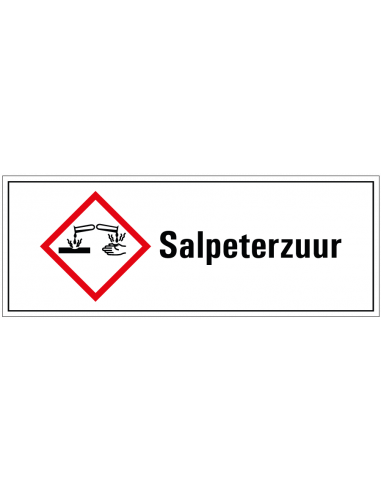 Salpeterzuur GHS tekststicker, GHS05, Nederlandse tekst, rechthoek, rood wit zwart