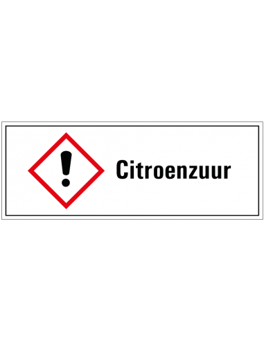 Citroenzuur GHS tekststicker, GHS07, Nederlandse tekst, rechthoek, rood wit zwart