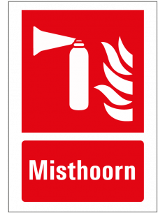 Misthoorn sticker met tekst, rood wit, rechthoek, pictogram misthoorn met tekst