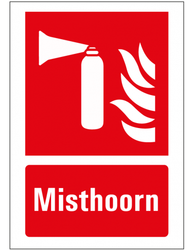 Misthoorn sticker met tekst, rood wit, rechthoek, pictogram misthoorn met tekst