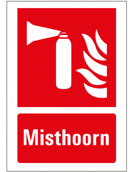 Misthoorn bord met tekst, rood wit, rechthoek, pictogram misthoorn met tekst