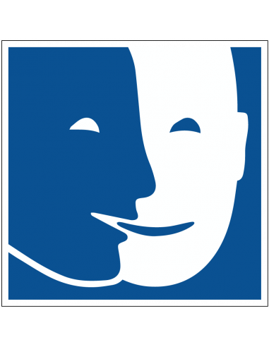 Toegankelijk voor geestelijk gehandicapten sticker, maskers pictogram, blauw wit, vierkant