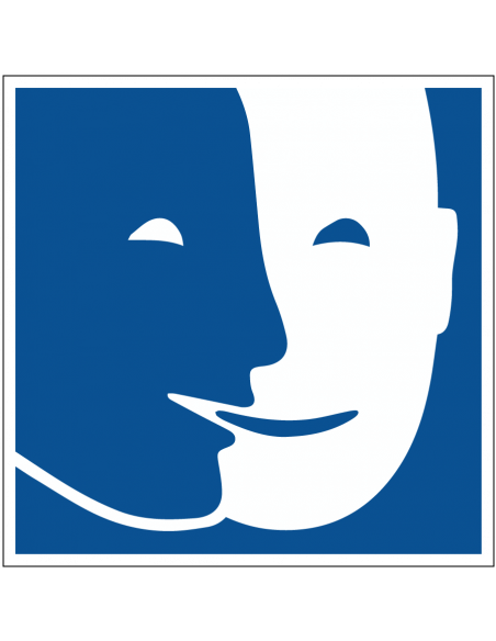 Toegankelijk voor geestelijk gehandicapten sticker, maskers pictogram, blauw wit, vierkant