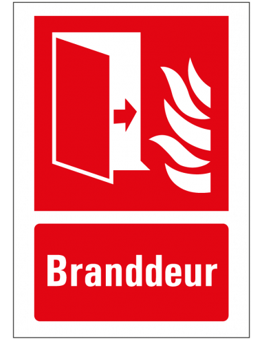 Branddeur bord met tekst, rood wit, rechthoek, pictogram branddeur met tekst