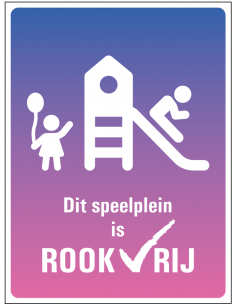 Rookvrij speelplein bord, kunststof, tekst dit speelplein is rookvrij met symbool spelende kinderen, paars roze, rechthoek