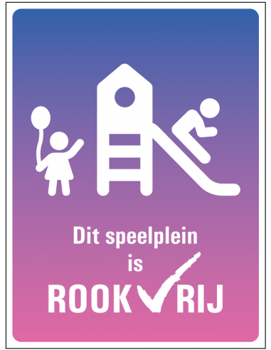 Rookvrij speelplein bord, kunststof, tekst dit speelplein is rookvrij met symbool spelende kinderen, paars roze, rechthoek