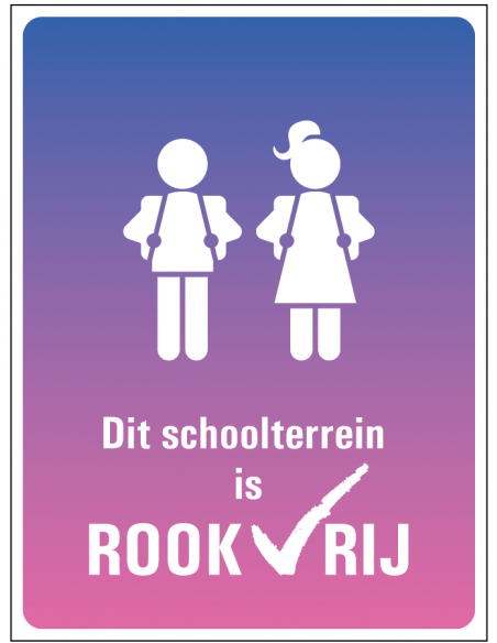 Rookvrij schoolplein bord, kunststof, tekst dit schoolterrein is rookvrij met symbool spelende kinderen, paars roze, rechthoek