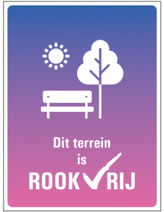 Rookvrij terrein bord, kunststof, tekst dit terrein is rookvrij met symbool zon boom en bankje, paars roze, rechthoek