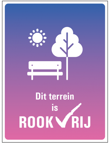 Rookvrij terrein bord, kunststof, tekst dit terrein is rookvrij met symbool zon boom en bankje, paars roze, rechthoek