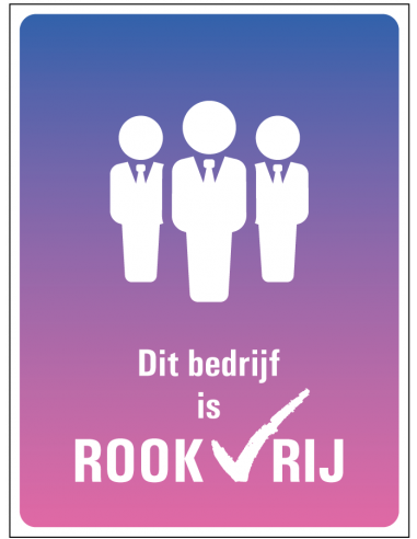 Rookvrij bedrijf bord, kunststof, tekst dit bedrijf is rookvrij met symbool poppetjes met stropdas, paars roze, rechthoek