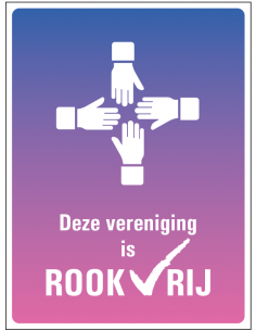Rookvrije vereniging bord, kunststof, tekst deze vereniging is rookvrij met symbool handen samenwerking, paars roze, rechthoek