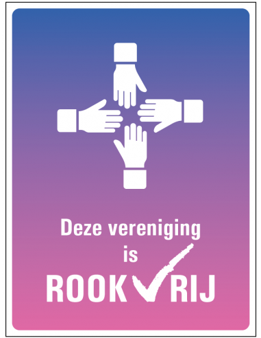 Rookvrije vereniging bord, kunststof, tekst deze vereniging is rookvrij met symbool handen samenwerking, paars roze, rechthoek