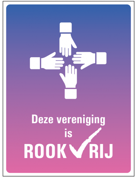 Rookvrije vereniging bord, kunststof, tekst deze vereniging is rookvrij met symbool handen samenwerking, paars roze, rechthoek