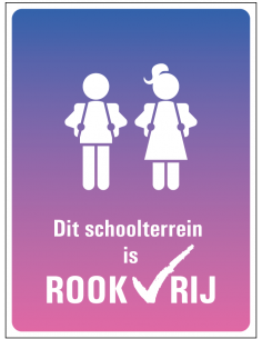Rookvrij schoolpein sticker, tekst dit schoolterrein is rookvrij met symbool rugzak jongen en meisje, paars roze, rechthoek