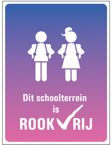 Rookvrij schoolpein sticker, tekst dit schoolterrein is rookvrij met symbool rugzak jongen en meisje, paars roze, rechthoek