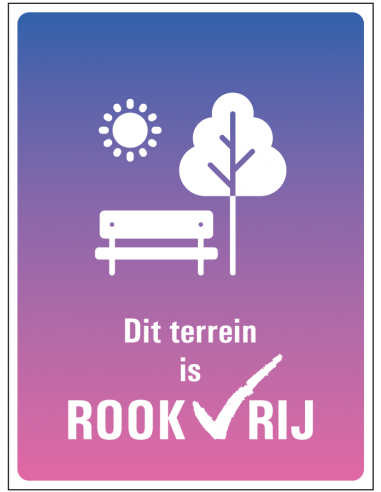 Rookvrij terrein sticker, tekst dit schoolterrein is rookvrij met symbool boom zon en bankje, paars roze, rechthoek