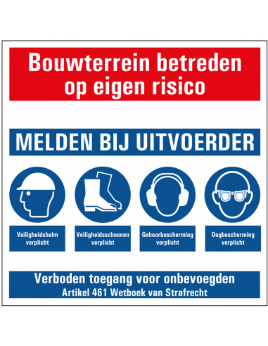 Bouwterrein melden bij uitvoerder sticker, rood wit blauw, vierkant