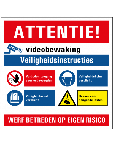Bouw sticker veiligheid en camerabewaking, rood wit blauw, vierkant
