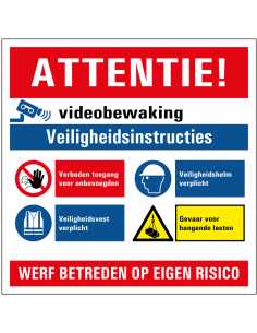 Bouwbord veiligheid en camerabewaking, rood wit blauw, vierkant