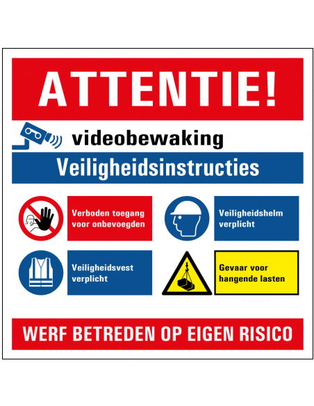 Bouwbord veiligheid en camerabewaking, rood wit blauw, vierkant